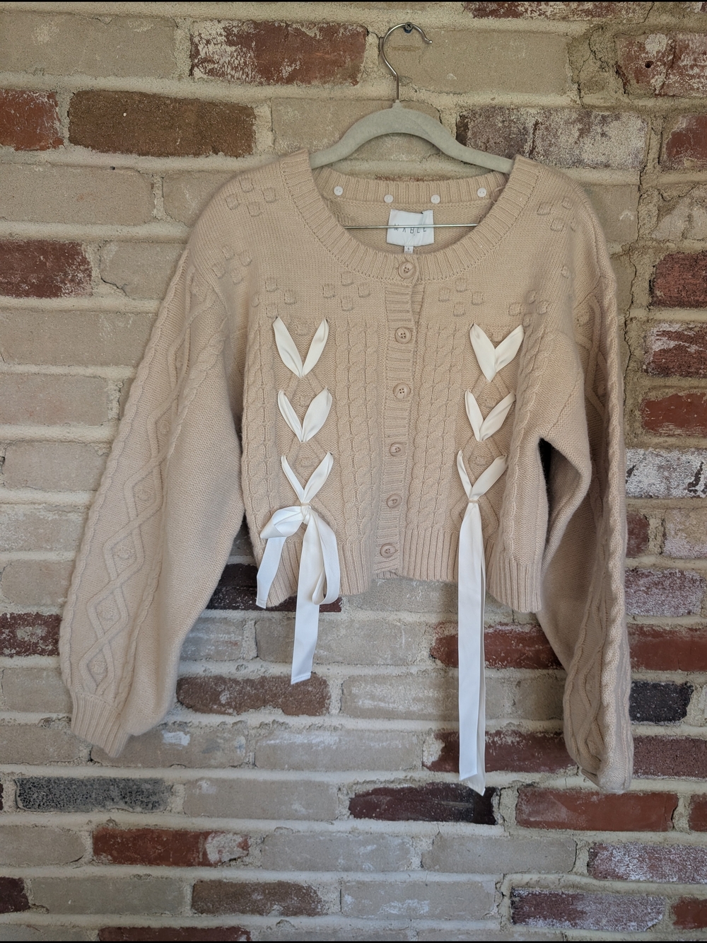 Cream Ribbon-Detail Cropped Knit Cardigan